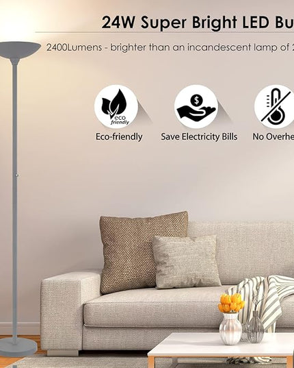 BoostArea Torchiere Floor Lamp, 24W Super Bright LED Standing Lamp, Stepless Dimmable Pole Lamp with 3000K Lighting, Rotary Switch, 70 Inch Tall Metal Modern Floor lamps for Living Room/Bedroom Gray - LeafyLoom