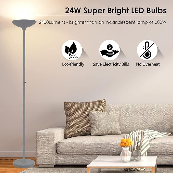 BoostArea Torchiere Floor Lamp, 24W Super Bright LED Standing Lamp, Stepless Dimmable Pole Lamp with 3000K Lighting, Rotary Switch, 70 Inch Tall Metal Modern Floor lamps for Living Room/Bedroom Gray - LeafyLoom