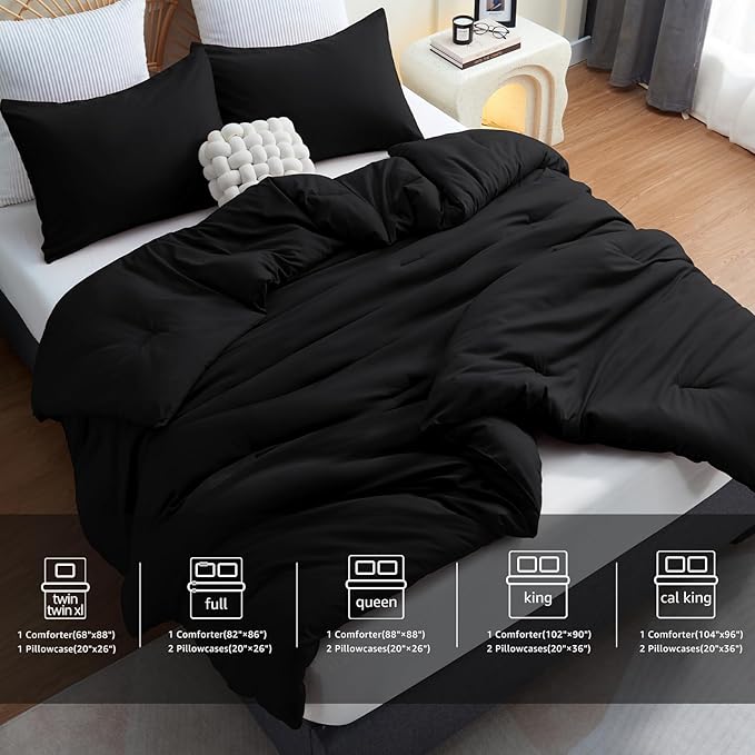 CozyLux California King Comforter Set Black, 3 Pieces Cal King Solid Breathable Boho Style Bedding Sets, Cozy Luxury Fluffy Soft Microfiber Quilt Comforter for All Season(1 Comforter & 2 Pillowcases) - LeafyLoom