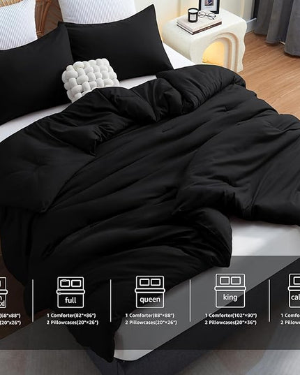 CozyLux Black Comforter Set Full Size, 3 Pieces Solid Breathable Quilted Style Bedding Sets, Luxury Fluffy Soft Microfiber Comforter for All Season(1 Comforter & 2 Pillowcases) - LeafyLoom