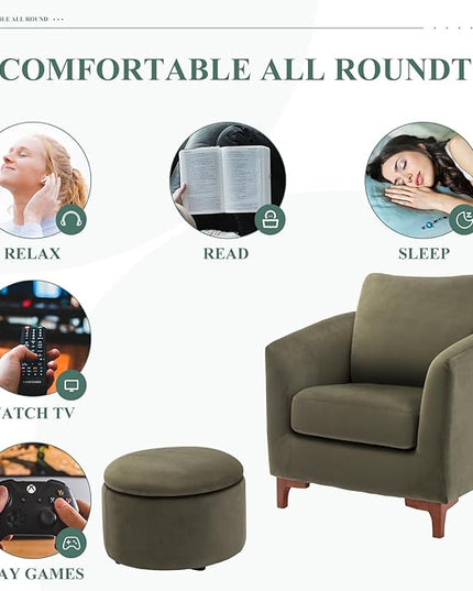COLAMY Velvet Accent Chair with Storage Ottoman Set, Upholstered Barrel Arm Chair with Footrest, Modern Living Room Chair with Back Pillow, Olive - LeafyLoom