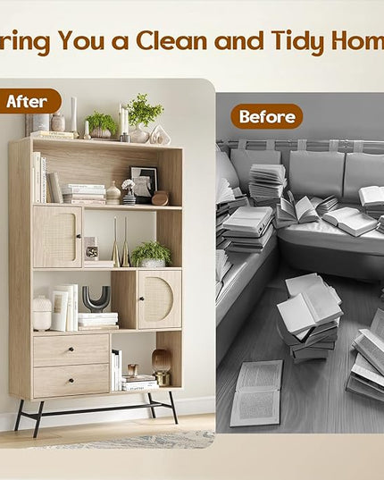 Soohow 4 Shelf Bookcase and Bookshelves with Drawer, 65” Tall Bookcases with Storage Shelves, Bookshelves and Bookcases with Rattan Cabinet and Metal Legs for Home Office, Living Room and Bedroom. - LeafyLoom
