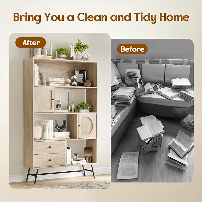 Soohow 4 Shelf Bookcase and Bookshelves with Drawer, 65” Tall Bookcases with Storage Shelves, Bookshelves and Bookcases with Rattan Cabinet and Metal Legs for Home Office, Living Room and Bedroom. - LeafyLoom