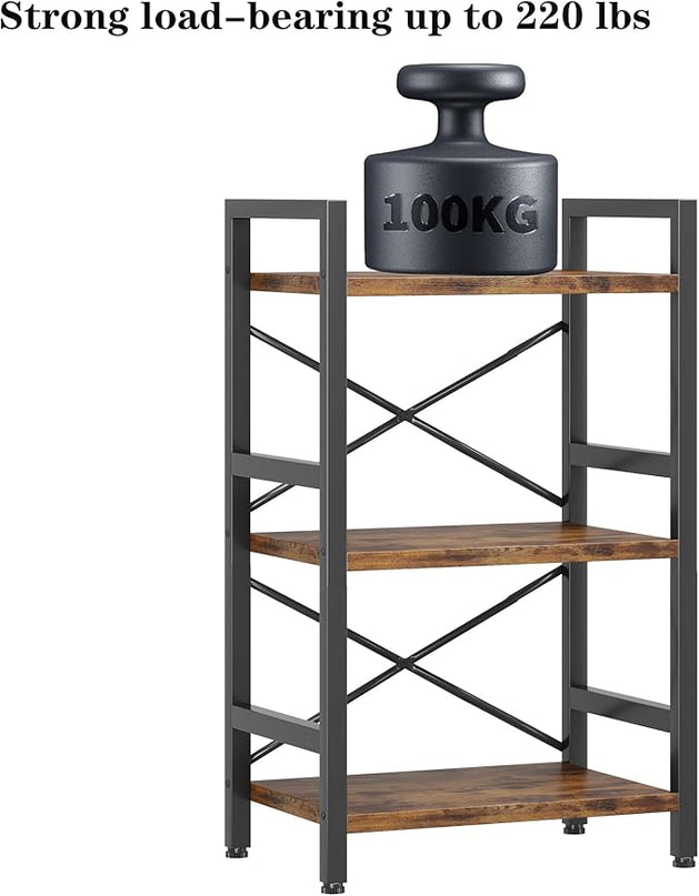 Conami Small Bookshelf, 3 Tier Industrial Bookcase, Bookcase Shelf Storage Organizer, Short Book Shelf for Bedroom, Living Room and Home Office, Vintage - LeafyLoom