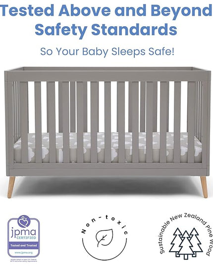 Delta Children Essex 4-in-1 Convertible Baby Crib, Grey with Natural Legs + Delta Children Twinkle Galaxy Dual Sided Recycled Fiber Core Crib and Toddler Mattress (Bundle) - LeafyLoom