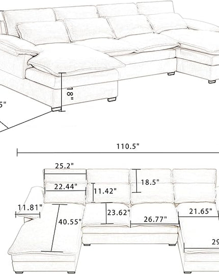 U Shaped Symmetrical Sectional Couch with Waist Poillows and Detachable Pillow Armrest, 6 Seater Oversized Modular Lounge Sofa with Double Chaise & Memory Foam for Living Room Apartment - LeafyLoom