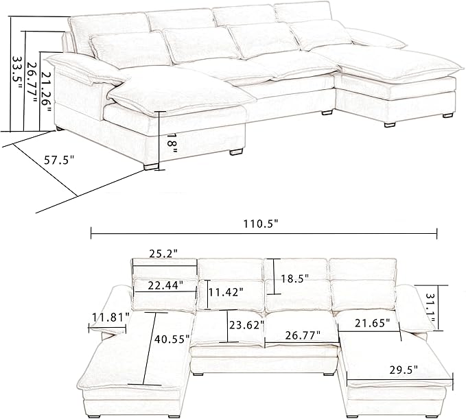 U Shaped Symmetrical Sectional Couch with Waist Poillows and Detachable Pillow Armrest, 6 Seater Oversized Modular Lounge Sofa with Double Chaise & Memory Foam for Living Room Apartment - LeafyLoom