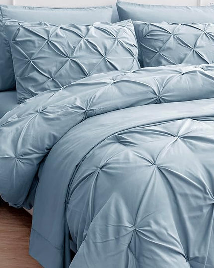 Lane Linen California King Comforter Set, 7 Piece Cal King Bed in a Bag, Pintuck Cal King Bedding Set, Soft Cali King Bed Set, Cal King Bed Comforter Set with Sheets, Pillowcases & Shams - French Blue - LeafyLoom