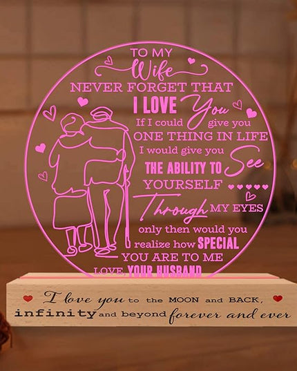 to My Wife 3D Illusion Lamp USB Powered, Wife Gifts from Husband, Gift for Her on Mothers Day Valentines Christmas, Wife Acrylic Night Light, Romantic Anniversary Wedding Gifts for Wife - LeafyLoom