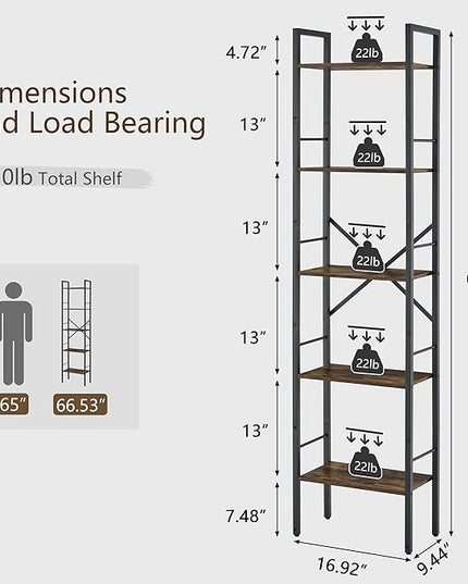 Tajsoon 5 Tier Ladder Bookshelf Industrial Ladder Shelf, Narrow Tall Skinny Bookshelf with Metal Frame, Multipurpose Standing Book Shelf for Bedroom, Living Room, Kitchen, Home Office, Rustic Brown - LeafyLoom