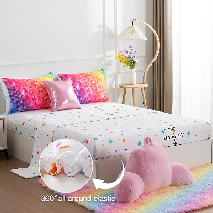 A Nice Night 6Pcs Gradient Abstract Art Grid Mosaic Geometric Bedding Set for Girls, Colorful Rainbow Galaxy Comforter Set, Ultra Soft Bedding Sets (PinkYellow,Full 6Pcs) - LeafyLoom