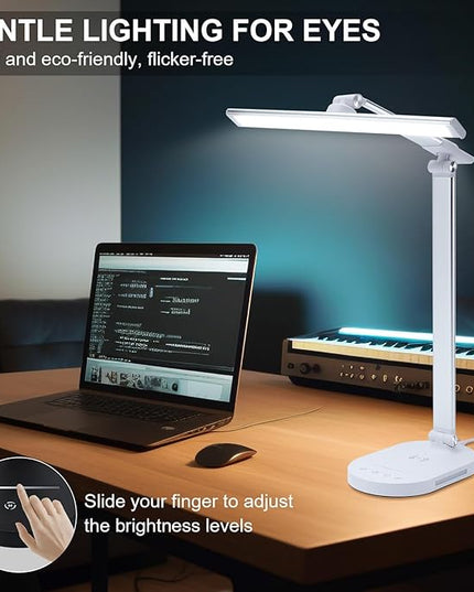 Lightess LED Desk Lamp with Wireless Charger, USB Charging Port, 5 Color Modes, 5 Brightness Level, Dimmable Desk Lamp, Office Table Lamp for Study Reading, Touch Control, Auto Timer - LeafyLoom