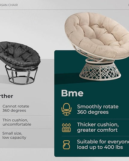 Bme 40" Ergonomic Wicker Papasan Chair with Soft Thick Density Fabric Cushion, High Capacity Steel Frame, 360 Degree Swivel for Living, Bedroom, Reading Room, Lounge - LeafyLoom