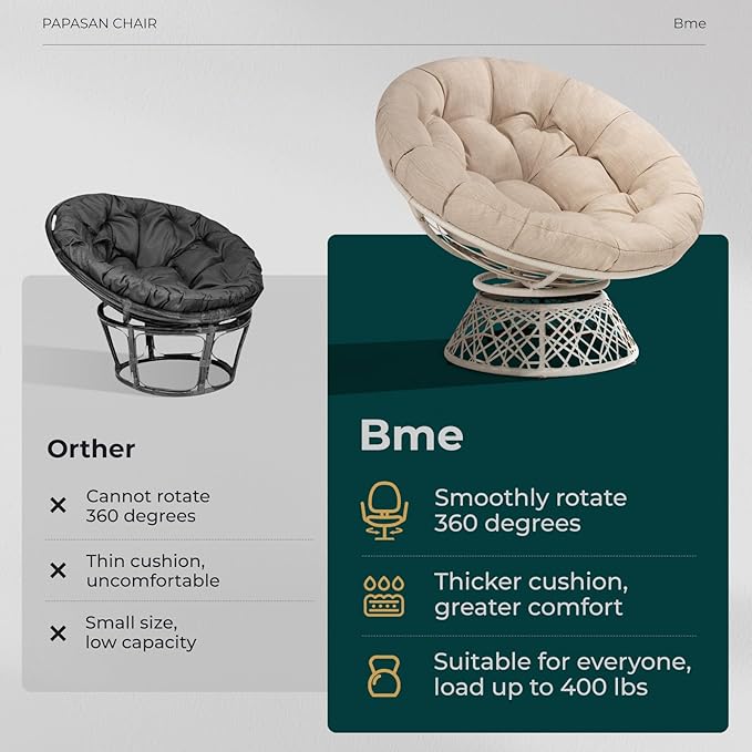 Bme 40" Ergonomic Wicker Papasan Chair with Soft Thick Density Fabric Cushion, High Capacity Steel Frame, 360 Degree Swivel for Living, Bedroom, Reading Room, Lounge - LeafyLoom