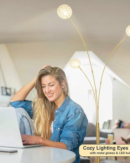 DLLT Floor Lamps for Living Room, 3-Light Gold Arc Standing Lamp, 86.6" Modern Tall Tree Floor Lamp with Adjustable Arms, Multi-Head LED Floor Lamps for Bedroom, Study, Office, G9 Bulbs Included - LeafyLoom