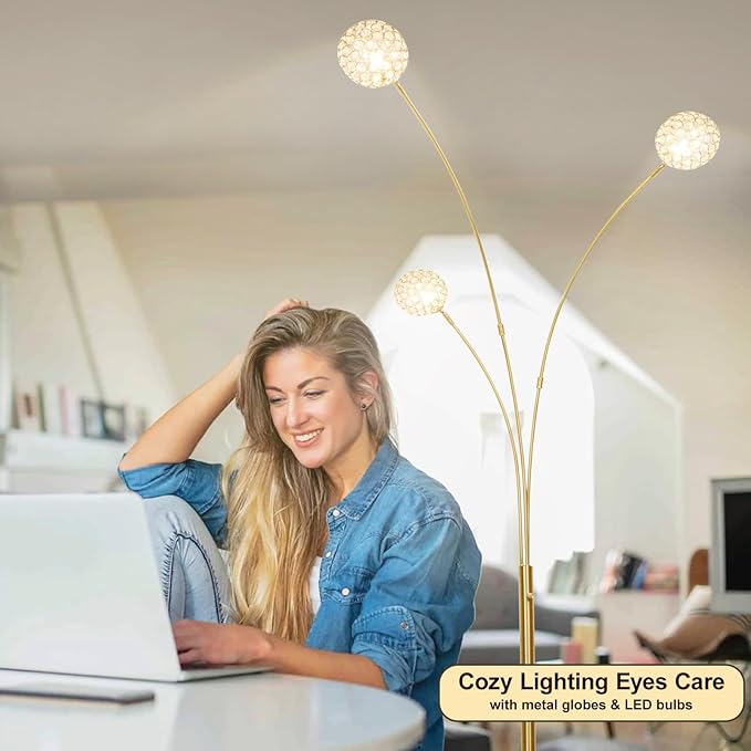 DLLT Floor Lamps for Living Room, 3-Light Gold Arc Standing Lamp, 86.6" Modern Tall Tree Floor Lamp with Adjustable Arms, Multi-Head LED Floor Lamps for Bedroom, Study, Office, G9 Bulbs Included - LeafyLoom