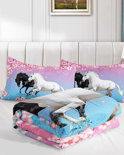 Kid Horse Comforter Set Room Floral Animal Theme Handsome Horse Chic Cherry Blossom Bedding Set 3D Wild Animal Decor Quilt Set for Girls Adult, 1 Comforter + 2 Pillowcases - LeafyLoom