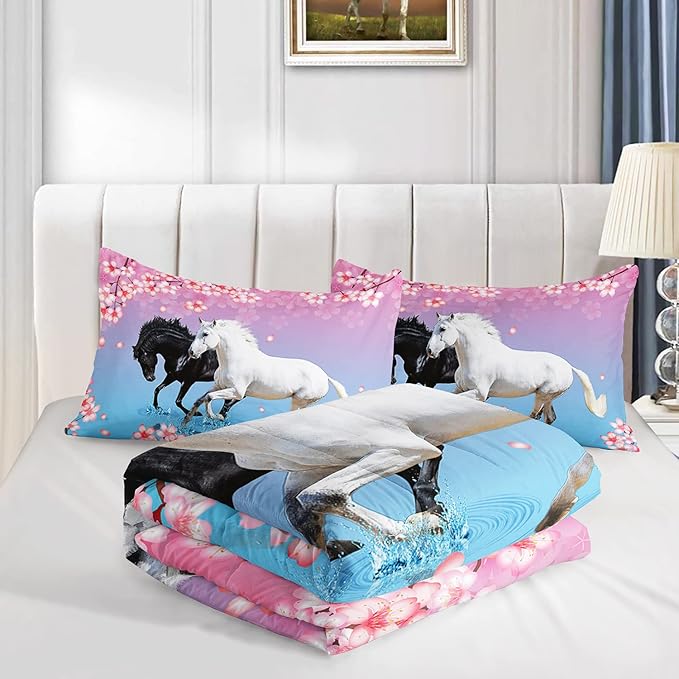 Kid Horse Comforter Set Room Floral Animal Theme Handsome Horse Chic Cherry Blossom Bedding Set 3D Wild Animal Decor Quilt Set for Girls Adult, 1 Comforter + 2 Pillowcases - LeafyLoom
