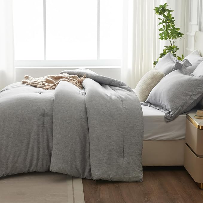 CozyLux Twin/Twin XL Comforter Set Dorm Bedding, 2 Pieces Light Grey Twin Extra Long Soft Luxury Cationic Dyeing Comforter for College, Light Gray Breathable Bed Set with 1 Comforter and 1 Pillow Sham - LeafyLoom