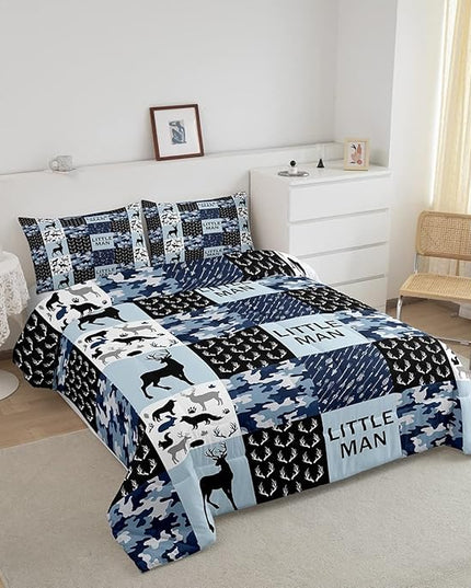 Manfei Camo Deer Antlers Comforter Set Twin,Geometric Checks Patchwork Bedding Set 2pcs for Kids Teens Boys Adults Room Decor,Boho Arrow Animals Quilt Set,Blue Xmas Duvet Insert with 1 Pillowcase - LeafyLoom