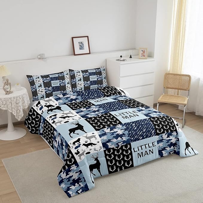 Manfei Camo Deer Antlers Comforter Set Twin,Geometric Checks Patchwork Bedding Set 2pcs for Kids Teens Boys Adults Room Decor,Boho Arrow Animals Quilt Set,Blue Xmas Duvet Insert with 1 Pillowcase - LeafyLoom