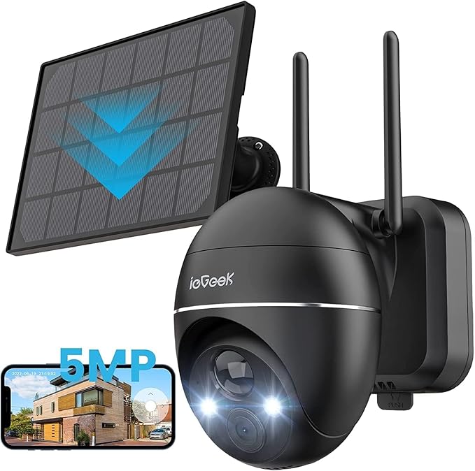 ieGeek 5MP Security Cameras Wireless Outdoor, Solar Outdoor Security Cameras System 360° PTZ with Spotlight & Siren, 2.4Ghz Outdoor Cameras for Home Security,Color Night Vision, Compatible with Alexa ieGeek