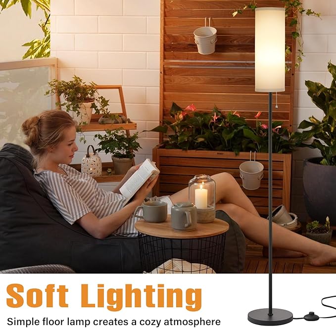 Ambimall Floor Lamp for Living Room with 3 Color Temperatures Bulb, 64" Standing lamp with Linen lampshade for Bedroom, Minimalist Pole Lamp, Grey Shade & Black Pole - LeafyLoom