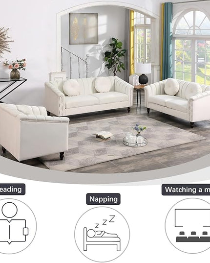 Velvet Modern Living Room Couch 3 Piece with Scroll Arms and Nailhead, includes 2 Love-seat Chair & Armchair, Sofa and Loveseat Set Grey - LeafyLoom