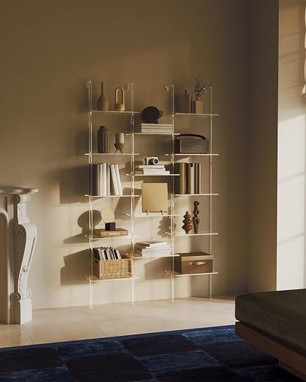 Acrylic Bookshelf, Wall Mounted, 5-Tier Clear Ladder Bookshelf with 14 Open Shelves, Multipurpose Bookcase for Living Room, Bathroom, Office, Modern, 9.5" D x 43.5" W x 72.8" H - LeafyLoom