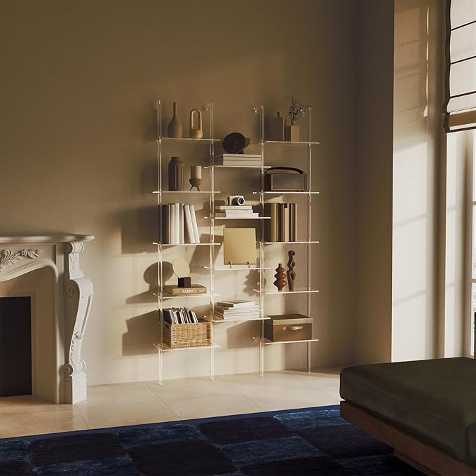 Acrylic Bookshelf, Wall Mounted, 5-Tier Clear Ladder Bookshelf with 14 Open Shelves, Multipurpose Bookcase for Living Room, Bathroom, Office, Modern, 9.5" D x 43.5" W x 72.8" H - LeafyLoom