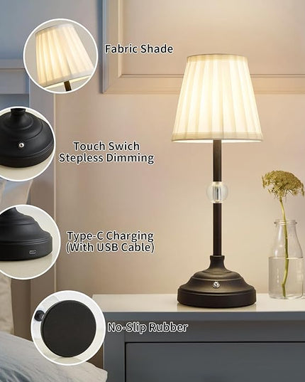 Modern Cordless Table Lamps,5000mAh Rechargeable Battery Operated lamp,Portable Fabric Shade Table Lamps,Black Desk Lamp LED 3000K with Dimming Touch Control for Restaurant/Bars/Bedroom/Living Room - LeafyLoom