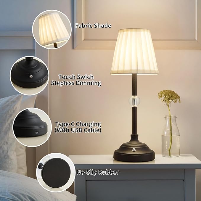 Modern Cordless Table Lamps,5000mAh Rechargeable Battery Operated lamp,Portable Fabric Shade Table Lamps,Black Desk Lamp LED 3000K with Dimming Touch Control for Restaurant/Bars/Bedroom/Living Room - LeafyLoom
