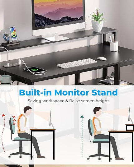 GreenForest Computer Desk with USB Charging Port and Power Outlet, Reversible Home Office Desk with Monitor Stand Storage Shelves for Small Space,47 in Work Desk with Cup Holder Hook,Black - LeafyLoom