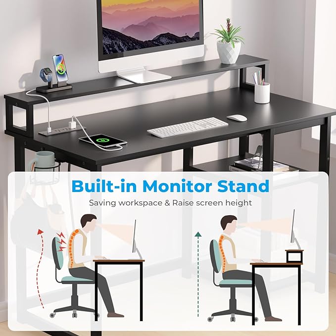GreenForest Computer Desk with USB Charging Port and Power Outlet, Reversible Home Office Desk with Monitor Stand Storage Shelves for Small Space,47 in Work Desk with Cup Holder Hook,Black - LeafyLoom