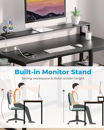 GreenForest Computer Desk with USB Charging Port and Power Outlet,Reversible Small Desk with Monitor Stand and Storage Shelves for Home Office,40 in Work Desk with Cup Holder Hook,Black - LeafyLoom