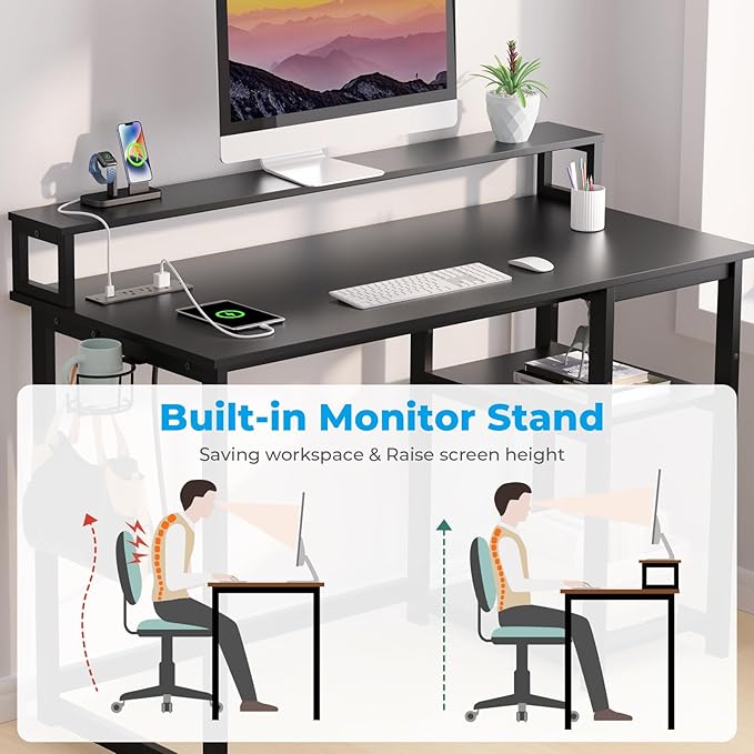 GreenForest Computer Desk with USB Charging Port and Power Outlet,Reversible Small Desk with Monitor Stand and Storage Shelves for Home Office,40 in Work Desk with Cup Holder Hook,Black - LeafyLoom