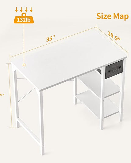 CubiCubi Computer Desk, 35 Inch Small Home Office Desk with Drawer Storage Shelves for Small Space, Writing Study Desk, White - LeafyLoom