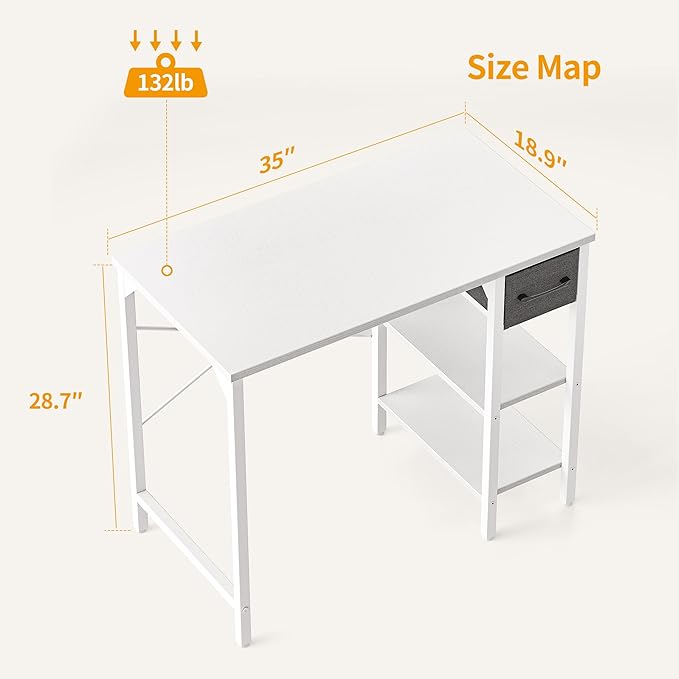 CubiCubi Computer Desk, 35 Inch Small Home Office Desk with Drawer Storage Shelves for Small Space, Writing Study Desk, White - LeafyLoom
