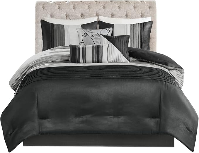 Madison Park Amherst Faux Silk Comforter Set-Casual Contemporary Design All Season Down Alternative Bedding, Matching Shams, Bedskirt, Decorative Pillows, King(104"x92"), Black, 7 Piece (MP10-226) - LeafyLoom