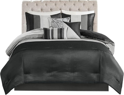 Madison Park Amherst Faux Silk Comforter Set-Casual Contemporary Design All Season Down Alternative Bedding, Matching Shams, Bedskirt, Decorative Pillows, Queen(90"x90"), Black, 7 Piece (MP10-225) - LeafyLoom
