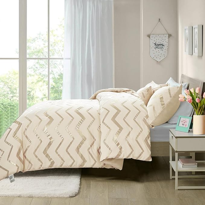 Cream Comforter Set Queen Size Metallic Gold Bedding Set All Season Lightweight Microfiber Comforter for Girls, 4 Piece (2 Pillow Shams + 1 Decorative Pillow Sham) - LeafyLoom