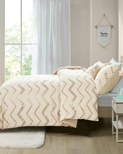 Girls Comforter Set Twin Size Cream Bedding Set Cute Metallic Gold Bed Comforter 3 Piece Lightweight Microfiber Comforter for Kids Teen - LeafyLoom