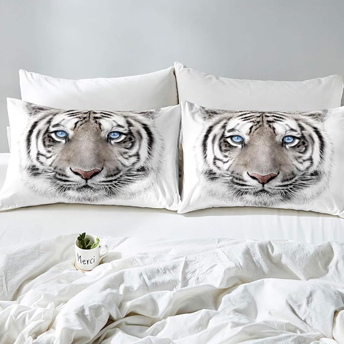 Erosebridal Boys Tiger Comforter Set Queen Size, Wild Animal Print Down Comforter for Boys Girls Teens Adult Bedroom, Grey Tiger Skin Duvet Insert Black White Stripe Bedding Comforters for Bedroom - LeafyLoom