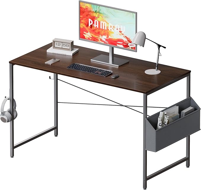 Pamray 47 Inch Computer Desk Small Spaces Desk with Storage Bag for Bedroom Writing and Home Office Work Small Study Desk Table Deep Brown - LeafyLoom