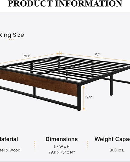 SHA CERLIN 14'' King Size Metal Platform Bed Frame with Rustic Wood & Reverse Holes/Ample Under-Bed Storage Space/Mattress Foundation/No Box Spring Needed/Easy Assembly - LeafyLoom