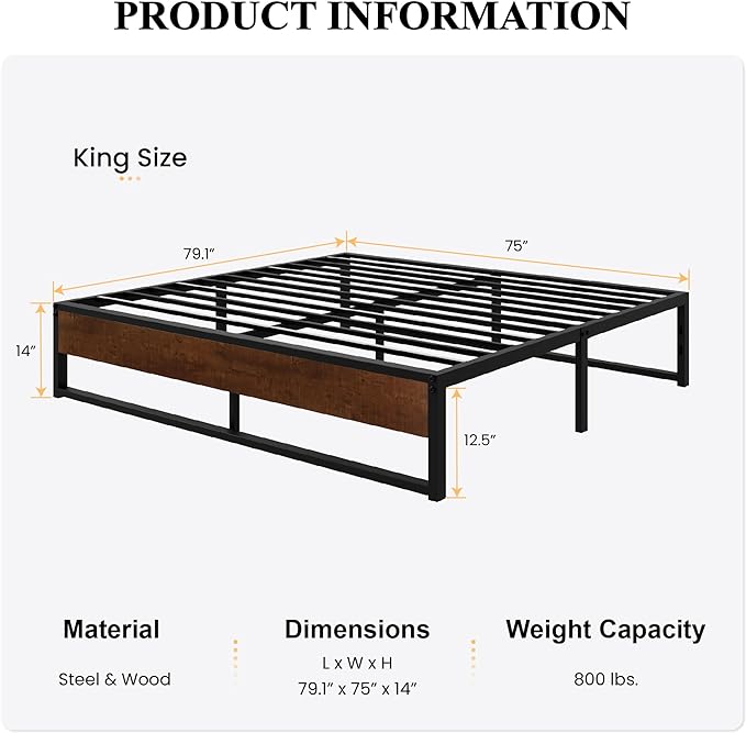 SHA CERLIN 14'' King Size Metal Platform Bed Frame with Rustic Wood & Reverse Holes/Ample Under-Bed Storage Space/Mattress Foundation/No Box Spring Needed/Easy Assembly - LeafyLoom