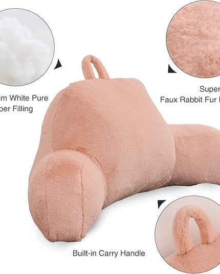 Aimuan Reading Pillow Bed Rest Pillow with Arms Rabbit Fur Back Pillow for Sitting up in Bed Adults Teens Incline Rest Sleeping Snoring with Pregnancy Lumbar Waist Support (Standard, Blush) - LeafyLoom