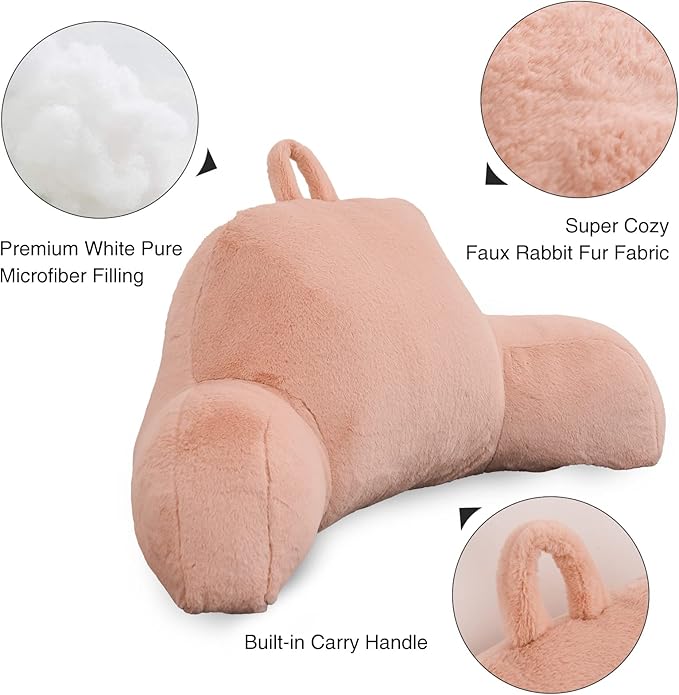 Aimuan Reading Pillow Bed Rest Pillow with Arms Rabbit Fur Back Pillow for Sitting up in Bed Adults Teens Incline Rest Sleeping Snoring with Pregnancy Lumbar Waist Support (Standard, Blush) - LeafyLoom
