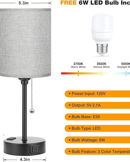 Grey Nightstand Lamps 3 Color Temperatures - 2700K 3500K 5000K Bedside Lamps with USB C and A Ports, Pull Chain Table Lamps with AC Outlet, Small Lamps with Black Metal Base for Sleeping Reading - LeafyLoom