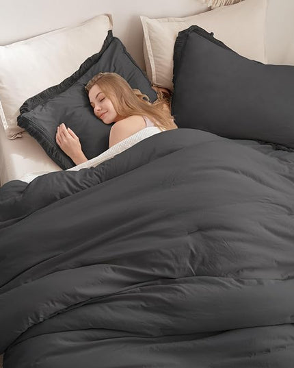 Andency Queen Comforter Set Dark Grey, 3 Pieces Boho Tassel Lightweight Bedding Comforter Sets, Winter Soft Fluffy Fringe Bed Set (90x90In Comforter & 2 Pillowcases) - LeafyLoom